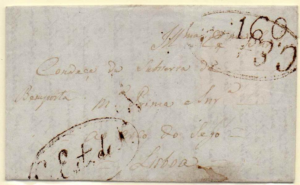 0121 f.jpg -     Lote:    121 (frente)            Portugal        Descrição:         Lisboa / C. Est. de N. + G.M. &mdash; A sépia, GM DIV5 + LSB CEst1 em carta datada de  Paris (26.02.37) para Lisboa, com o porte batido a sépia de 160 reis.        Carta       Valor Base:     &euro; 30,00     Valor Venda:     Retirado     